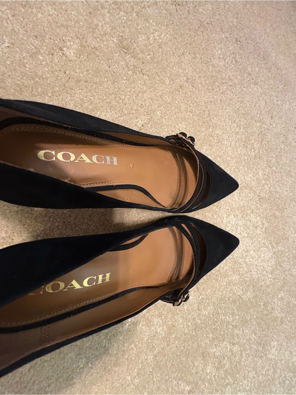 Coach Black Suede Pointed-Toe Double-Strap Pumps - Picture 5 of 6